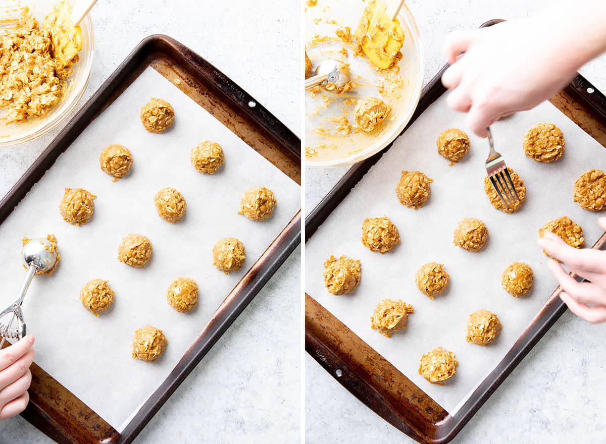 Two photos showing how to make No Bake Peanut Butter Oatmeal Cookies – scooping cookie dough