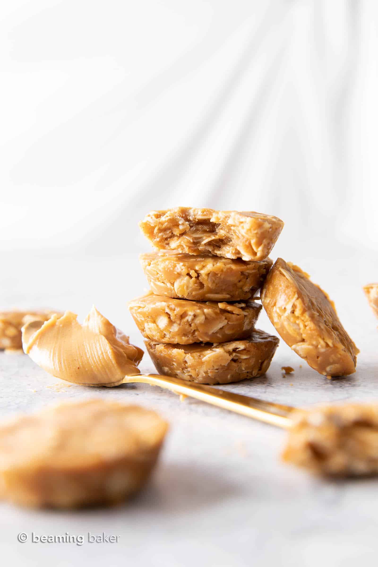 No Bake Peanut Butter Oatmeal Cups (V, GF): easy, simple & delicious—a quick recipe for soft ‘n chewy peanut butter oatmeal cups that are No Bake! Healthy, Gluten-Free, Vegan, Dairy-Free, No Cook. #NoBake #Cookies #PeanutButter #Oatmeal | Recipe at BeamingBaker.com