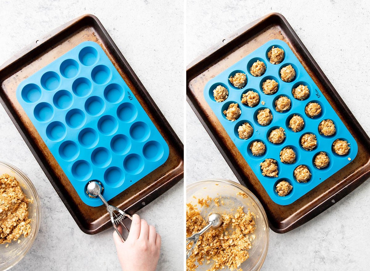 Two photos showing How to make peanut butter oat cups – scooping and dropping mixture into molds