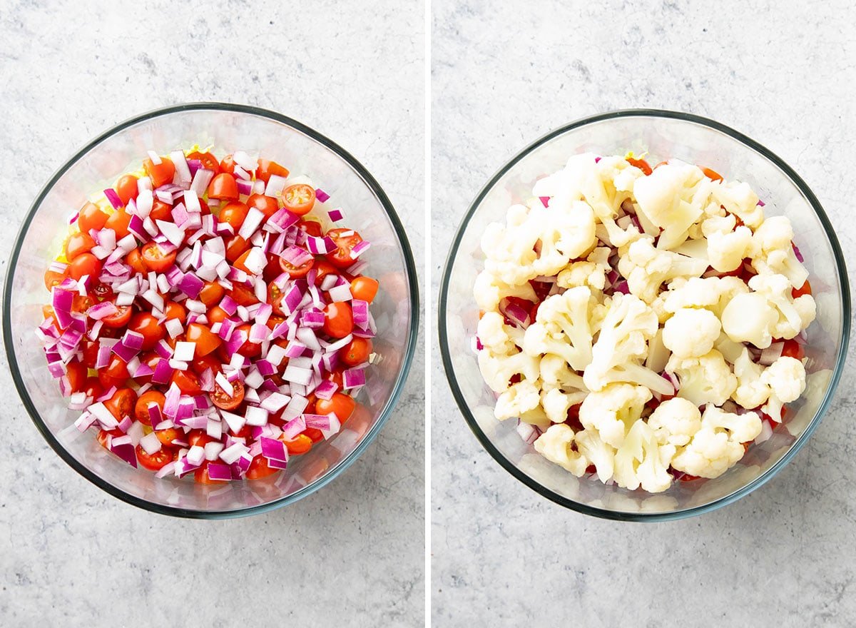 Two photos showing How to Make this recipe – adding chopped red onions and cauliflower