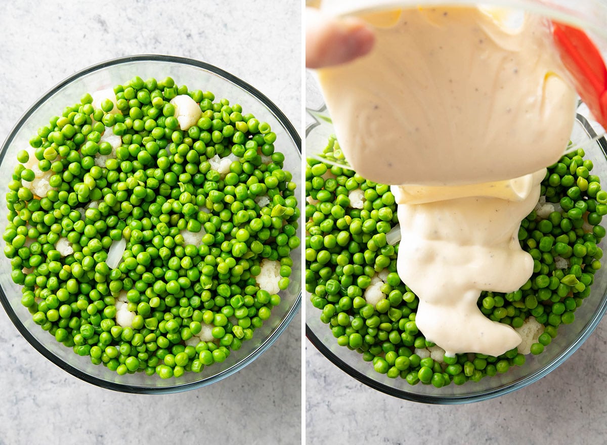 Two photos showing How to Make Seven Layer Salad – adding peas and dressing