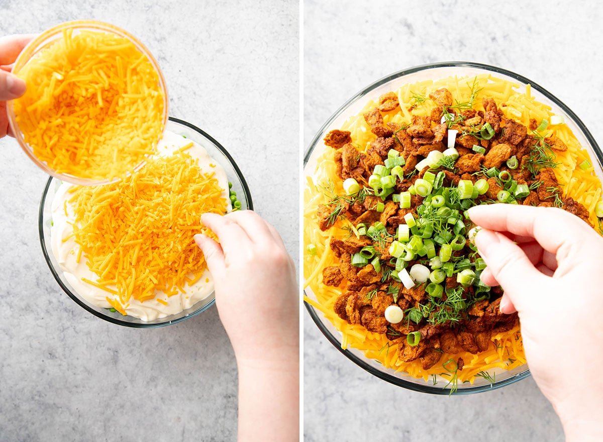 Two photos showing How to Make this recipe – adding the toppings including cheese, bacon, and green onions