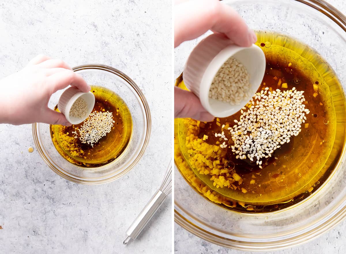 Two photos showing How to Make this recipe – adding sesame seeds