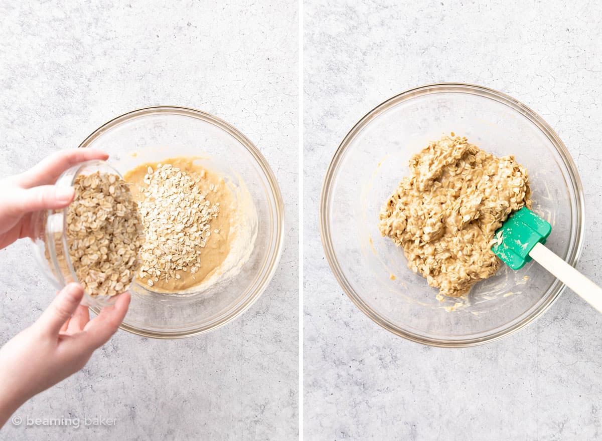 two pics showing how to add dry ingredients to wet ingredients for breakfast bars.