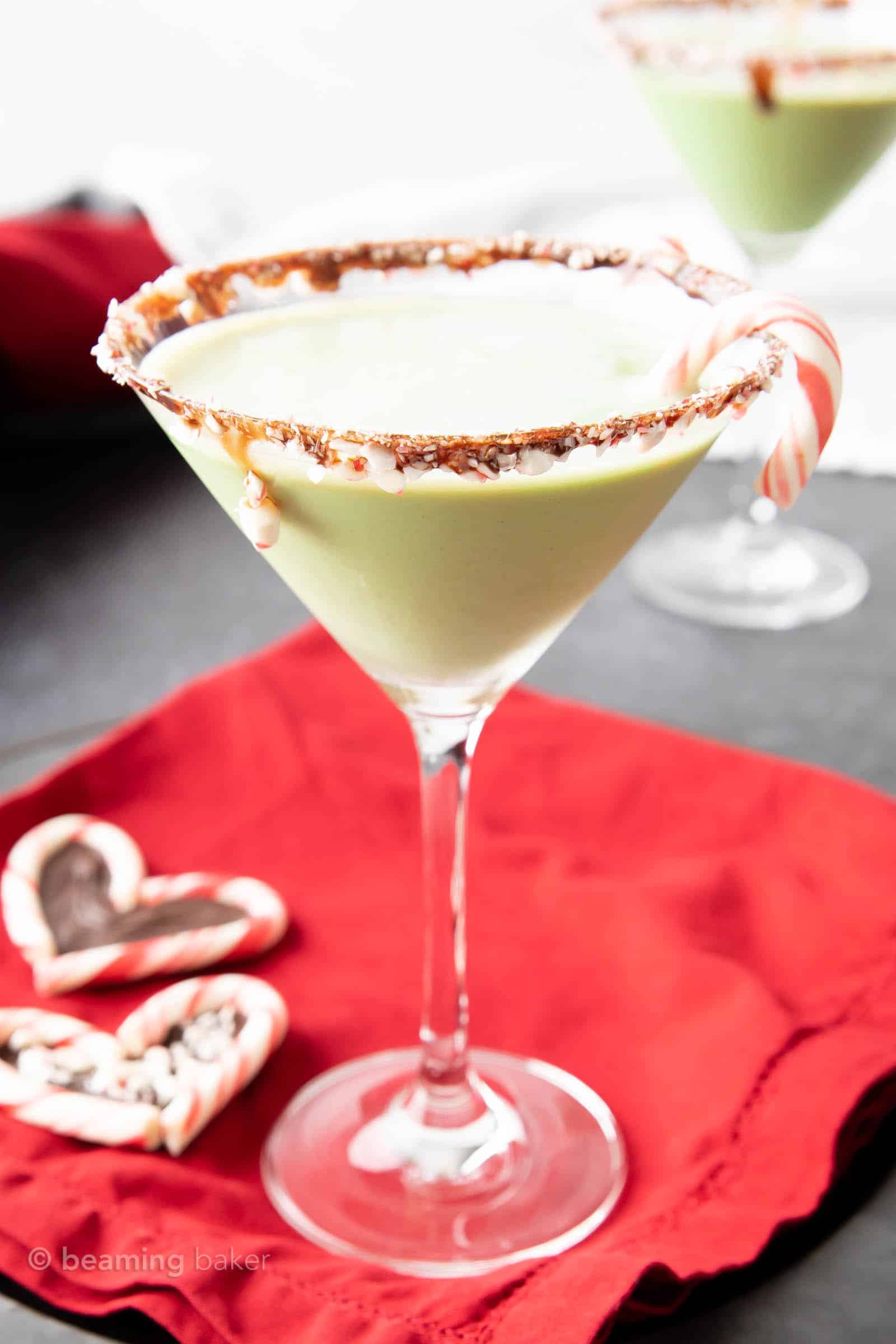 Closeup Framed chocolate peppermint martini with a mini candy cane