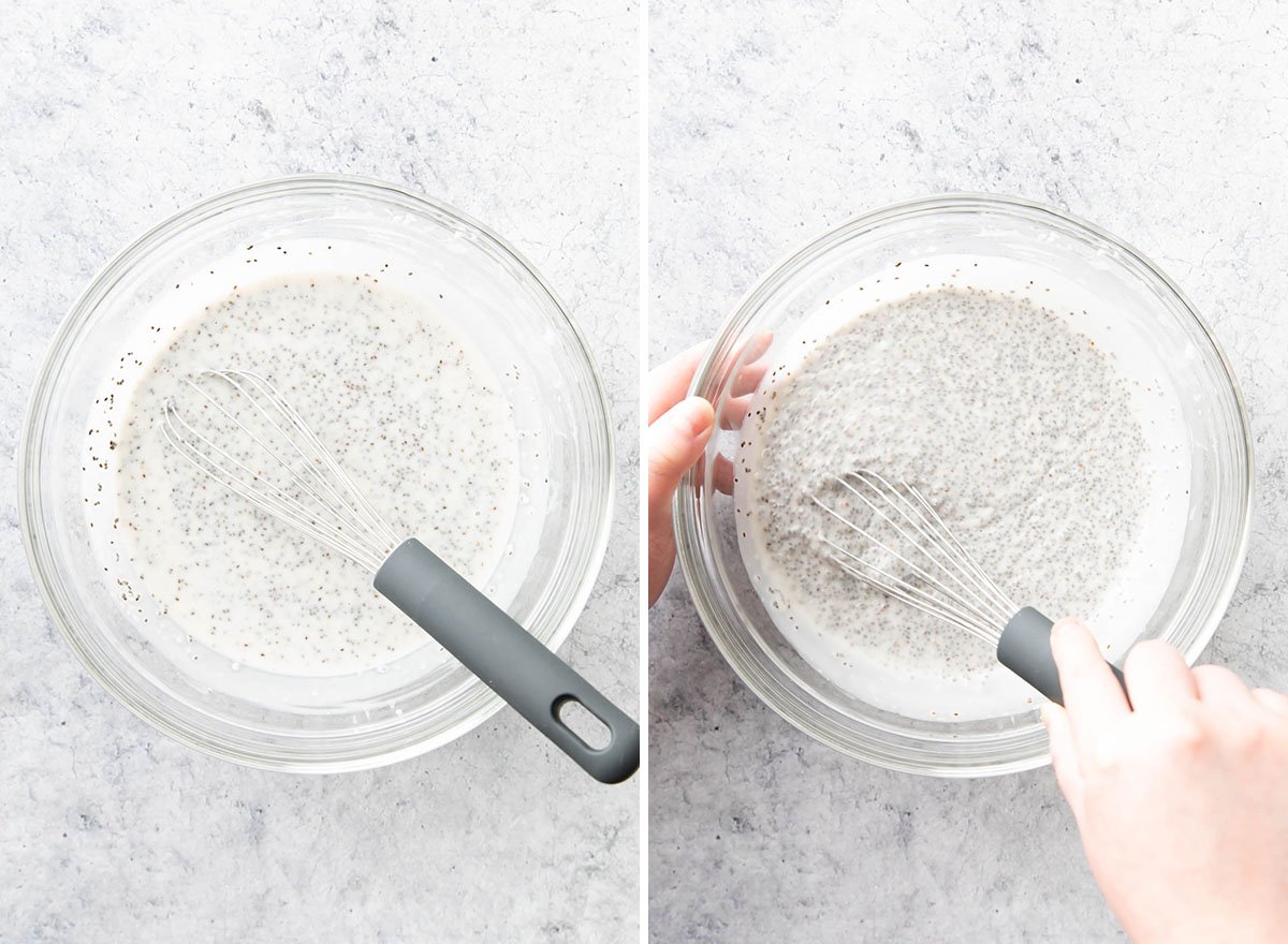 Two photos showing How to Make Chia Pudding – final whisk to distribute chia seeds