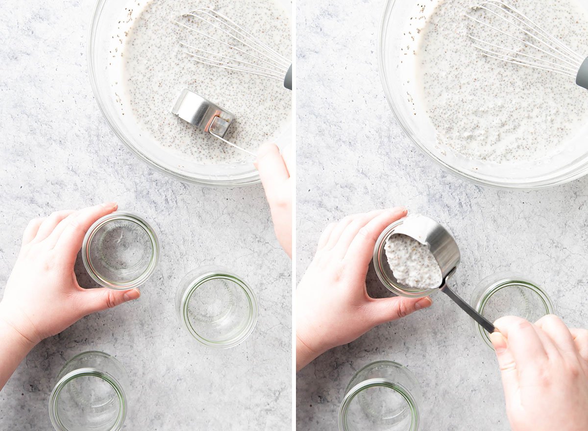 Pouring Coconut Milk Chia Pudding mixture into jars before chilling in refrigerate to thicken