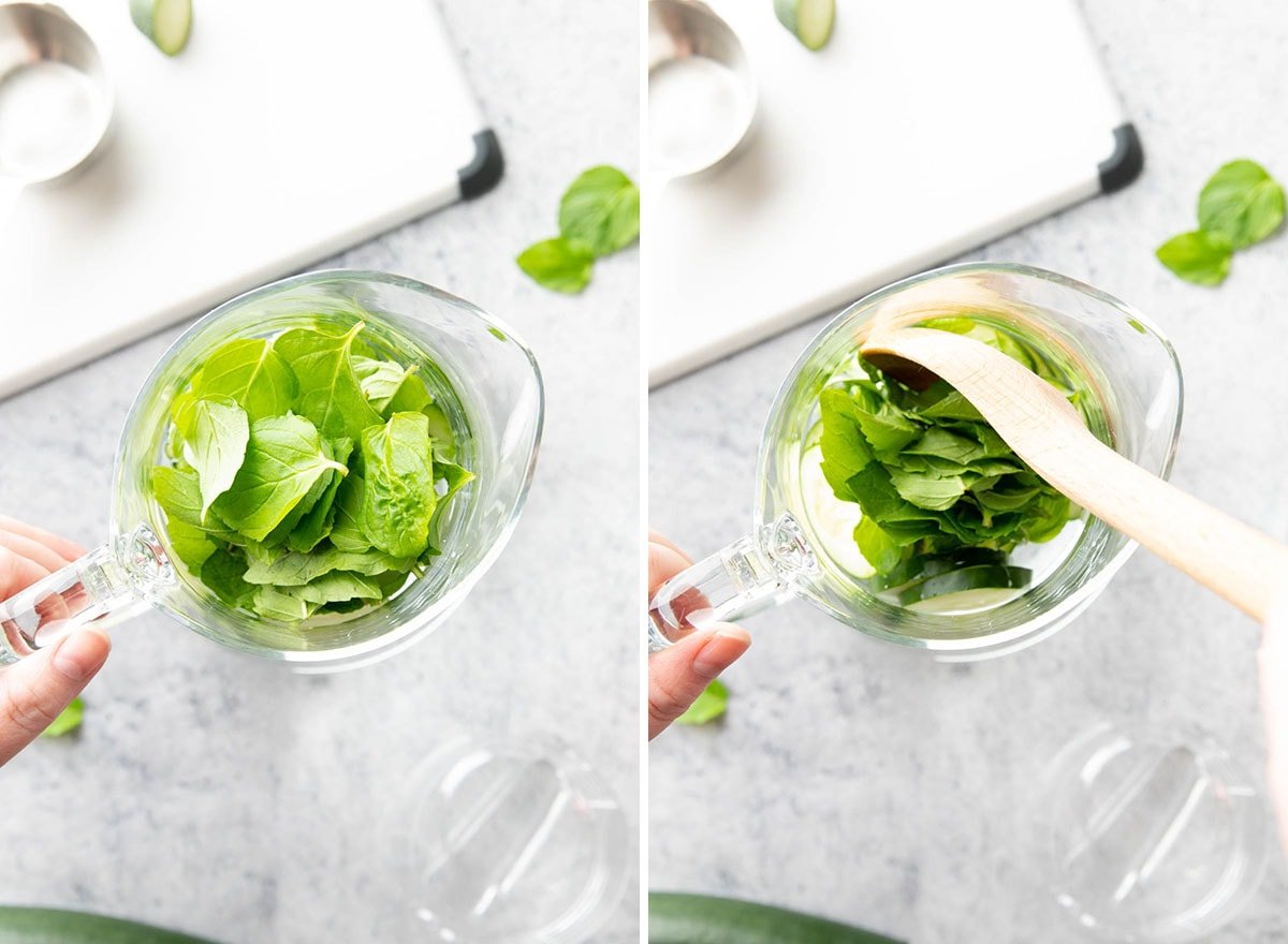 Wash your fresh mint leaves, pat to dry, then drop into the pitcher. 