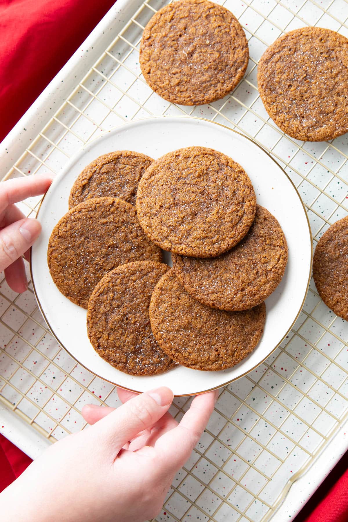 Hands presenting a plate of this gingersnap cookie recipe