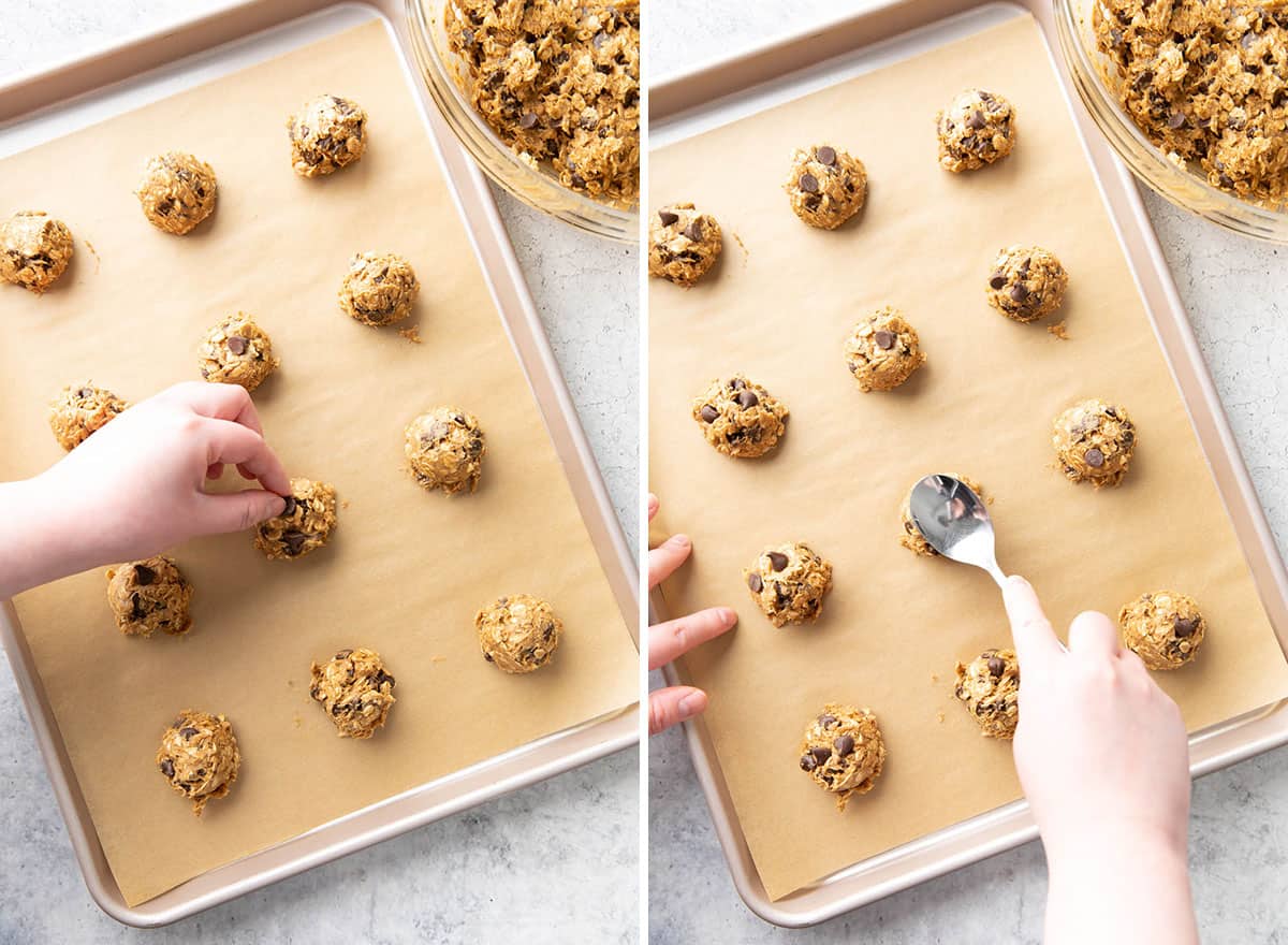 Two photos showing How to Make GF cookie recipe – adding toppings and flattening cookies  