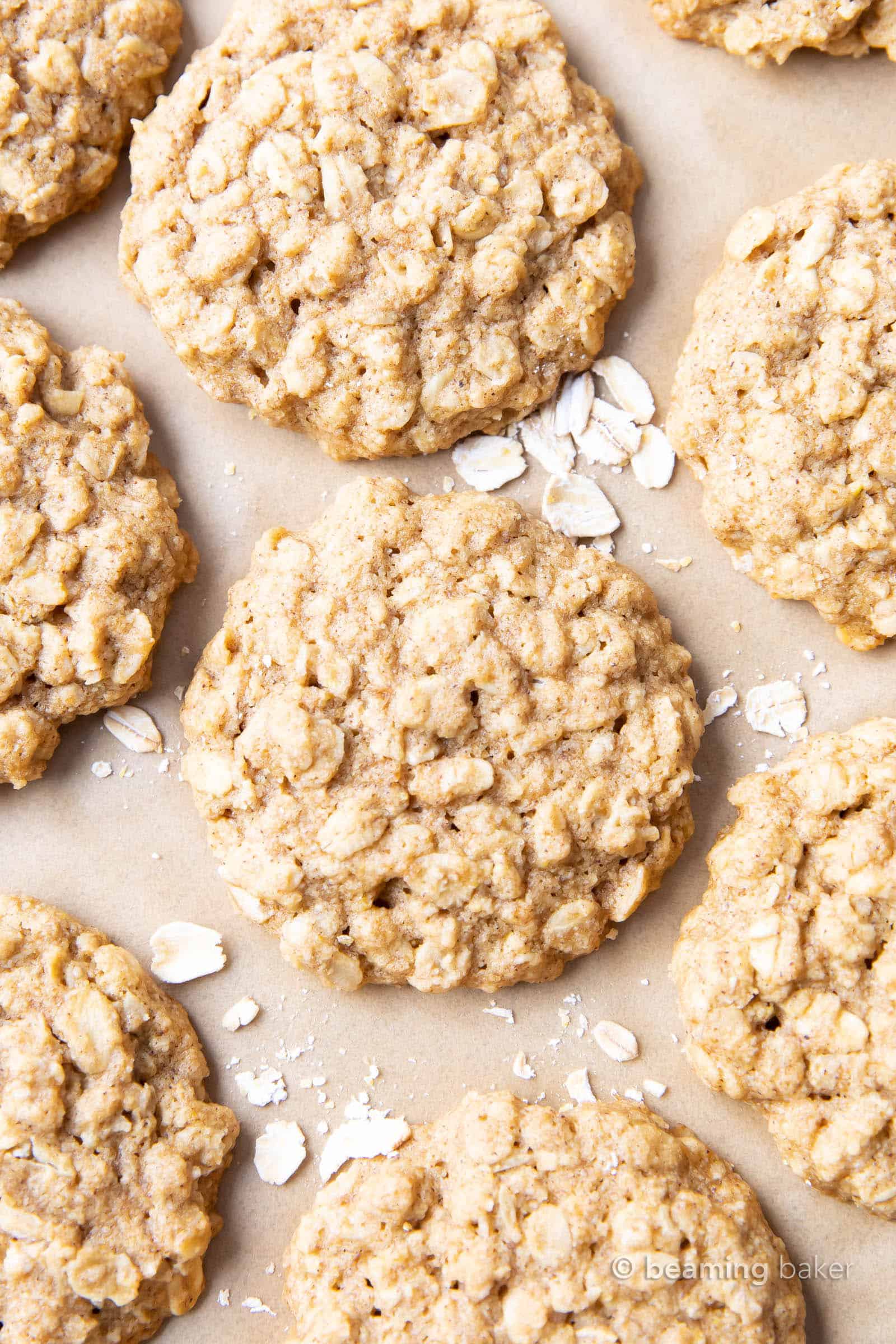 Freshly baked healthy oatmeal cookies on brown parchment paper