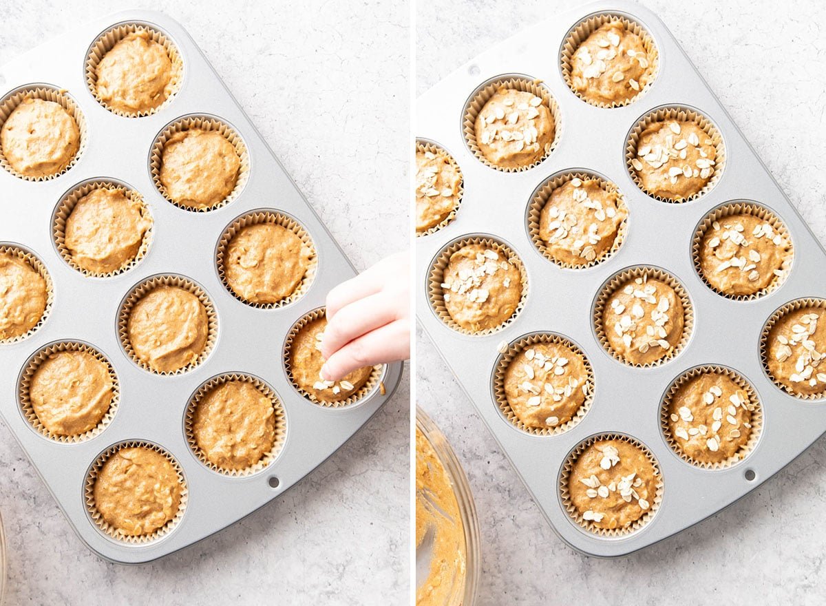 Two photos showing How to Make this vegan and gluten free muffin recipe – sprinkling oat topping over each muffin before baking