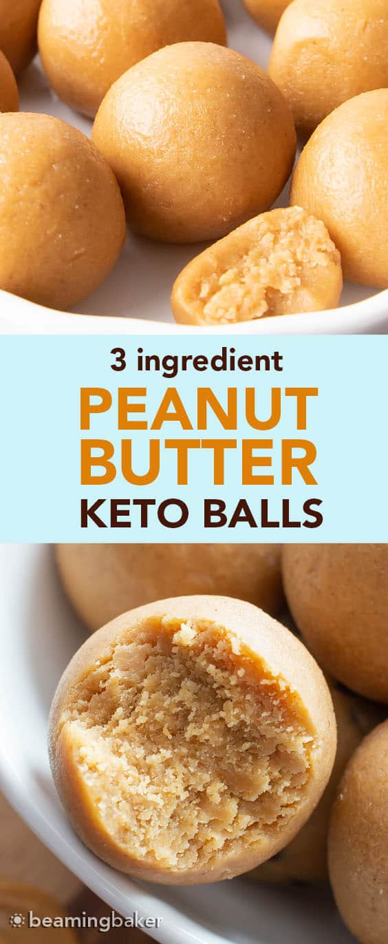 Peanut Butter Keto Energy Balls: just 3 ingredients for quick ‘n easy keto peanut butter balls that are low carb! #Keto #PeanutButter #KetoBalls #LowCarb | Recipe at BeamingBaker.com