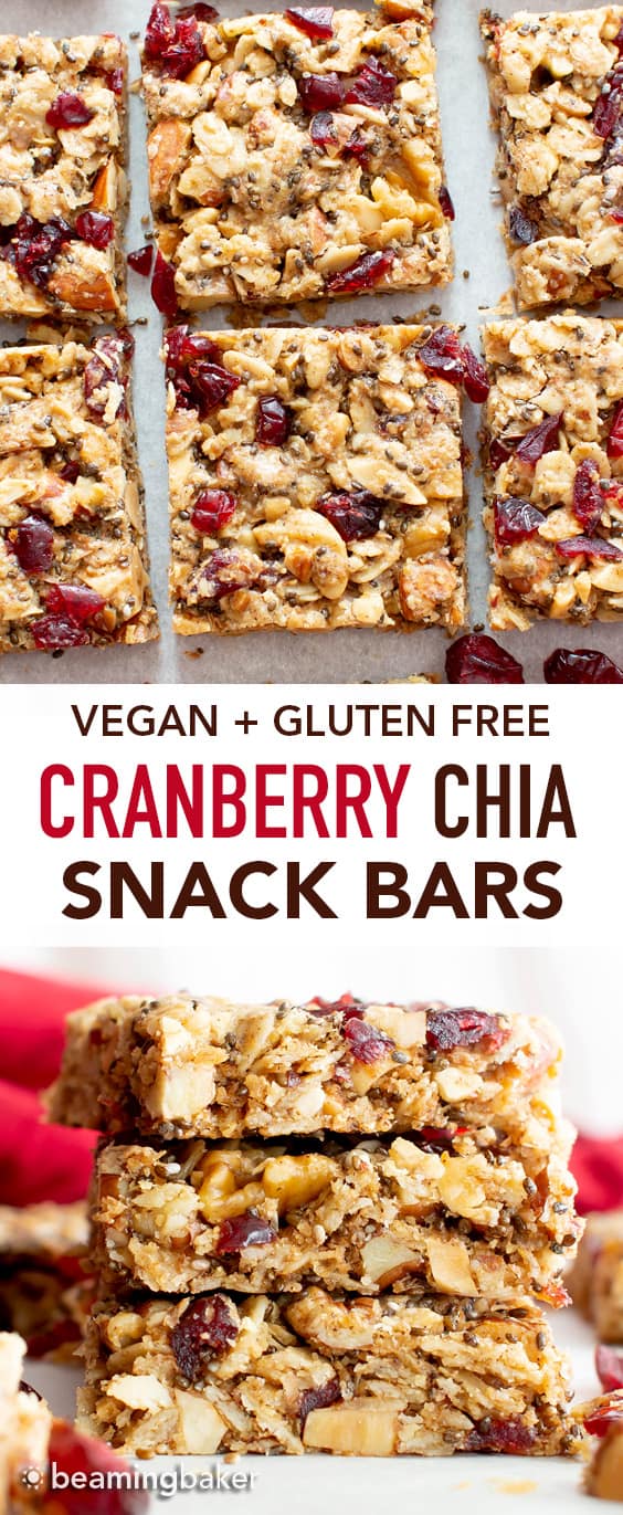 Cranberry Chia Gluten Free Vegan Snack Bars: this healthy vegan snack bars recipe yields chewy & satisfying bars! The best vegan snack bars recipe—packed with chia & flax to keep you full! #Snacks #Bars #GlutenFree #Vegan #Chia | Recipe at BeamingBaker.com