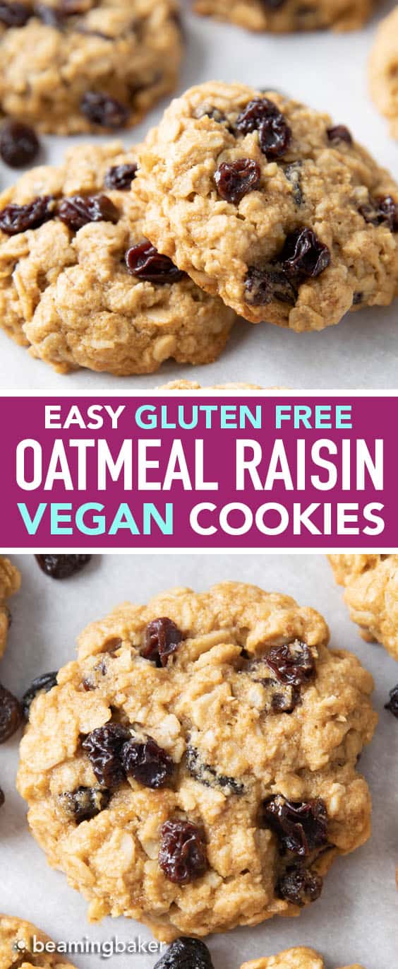 Easy Gluten Free Vegan Oatmeal Raisin Cookies (Vegan): this gluten free oatmeal raisin cookies recipe yields soft & buttery oatmeal cookies bursting with juicy raisins. Refined Sugar-Free. #OatmealRaisin #GlutenFree #Vegan #Cookies | Recipe at BeamingBaker.com