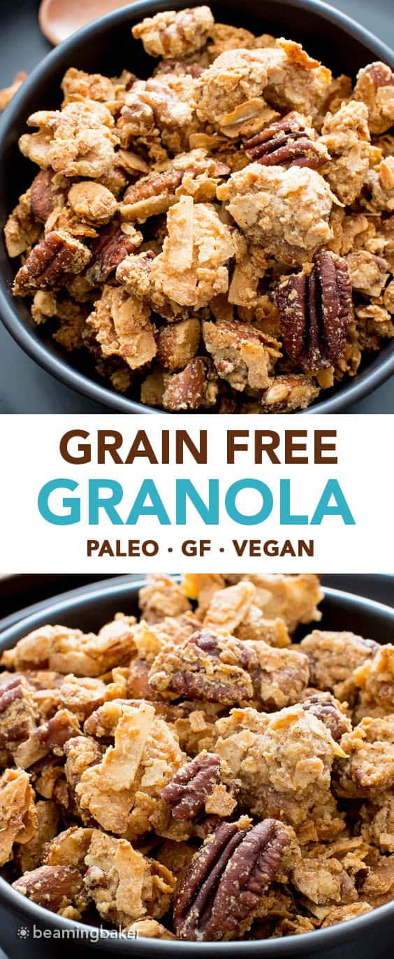 Grain Free Granola: this paleo granola recipe yields chunky granola clusters! The best grain free granola recipe—grainless, delicious, no grain granola. #GrainFree #Paleo #Grainless #Granola | Recipe at BeamingBaker.com