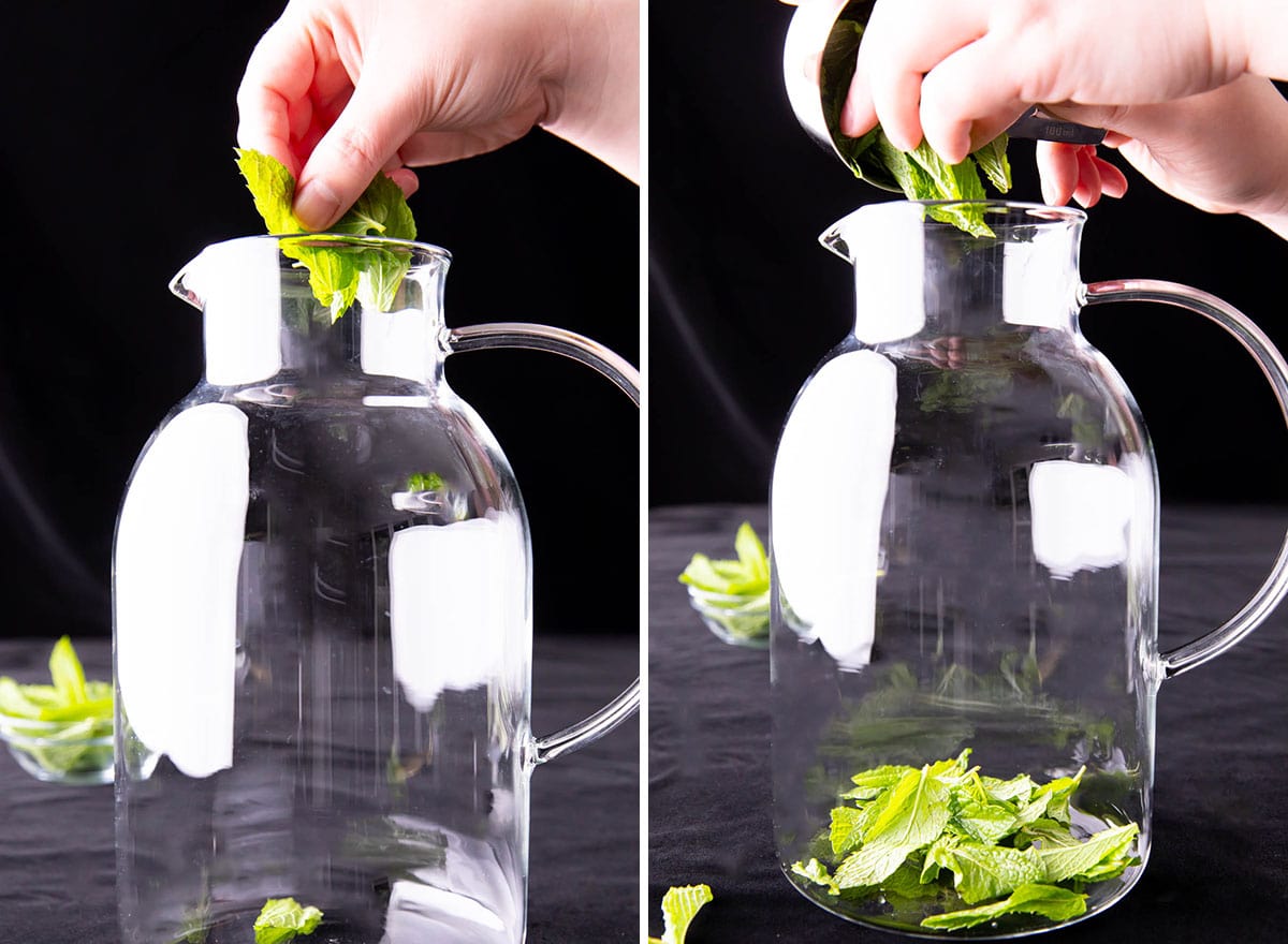Two photos showing How to Make Mint Water – adding mint leaves