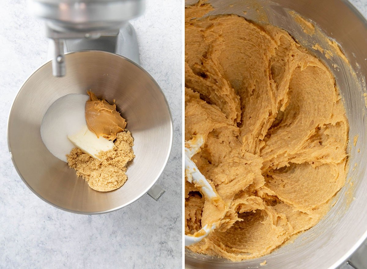 Two photos showing How to Make Peanut Butter Blossoms – creaming the sweetened peanut butter wet mixture