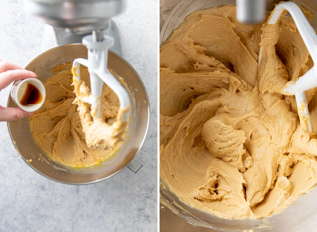 Two photos showing How to Make Peanut Butter Blossoms – beating in egg, milk, and vanilla to create a fluffy base