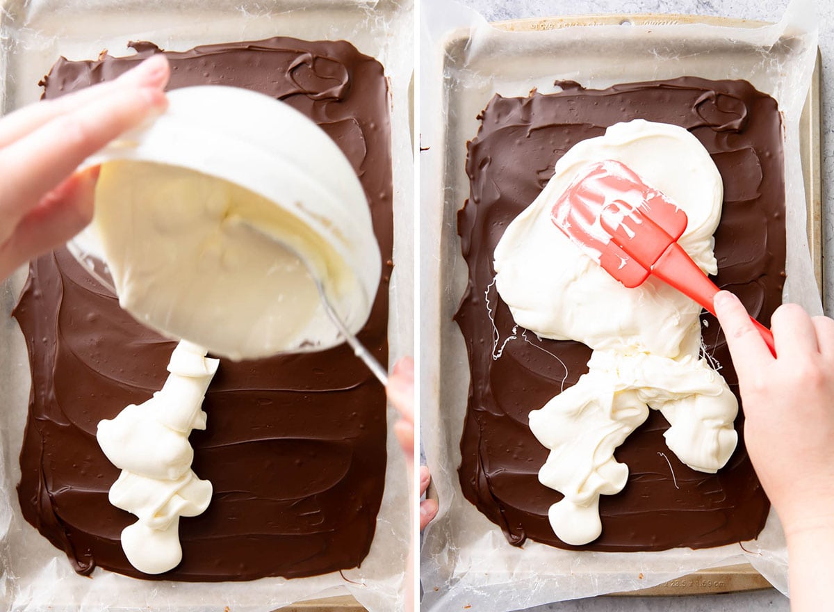 Two photos showing How to make this easy Christmas candy recipe – spreading melted white chocolate over semi-sweet chocolate layer