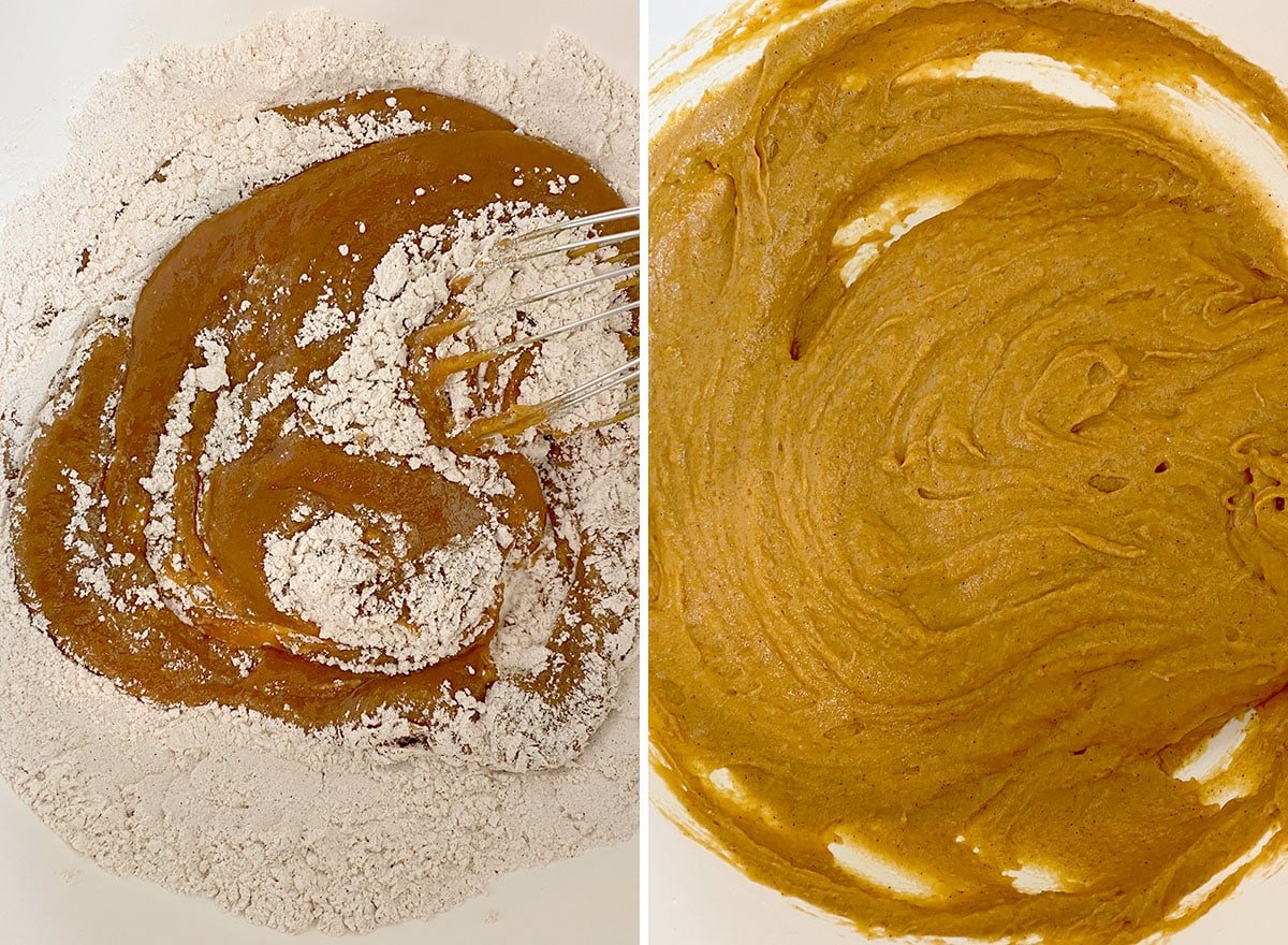 Two photos showing How to Make Pumpkin Donuts – combining wet and dry ingredients to make donut batter