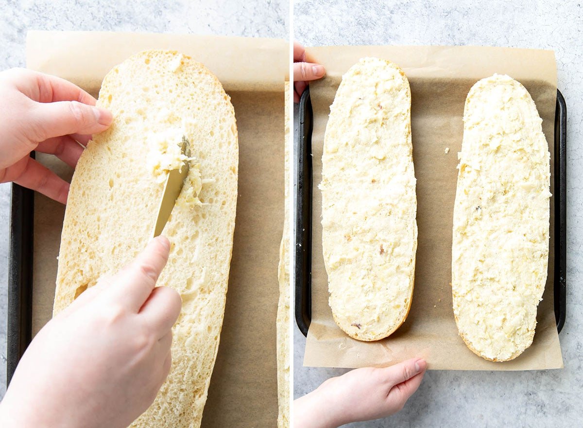 Two photos showing How to Make this recipe – spreading the butter