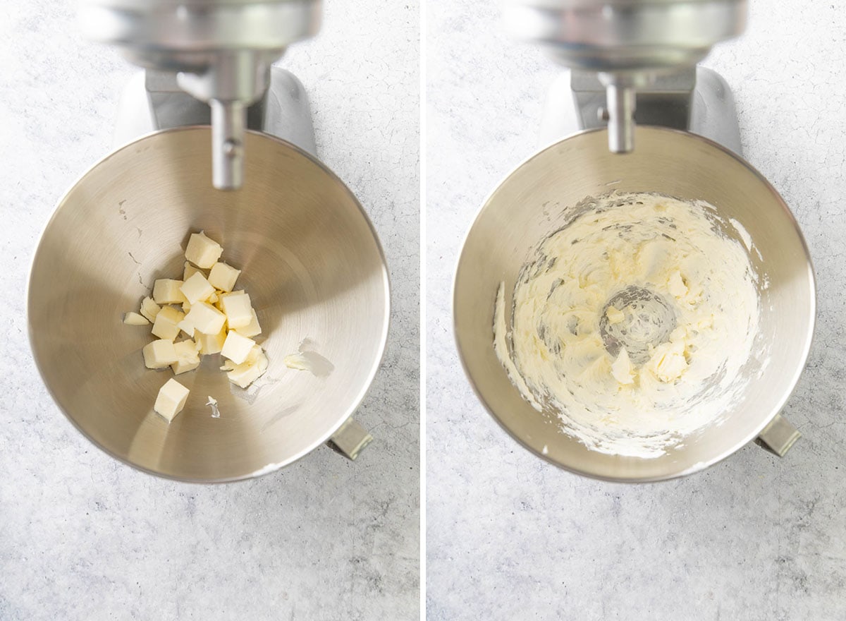 Two photos showing How to Make Snowball Cookies – creaming the butter