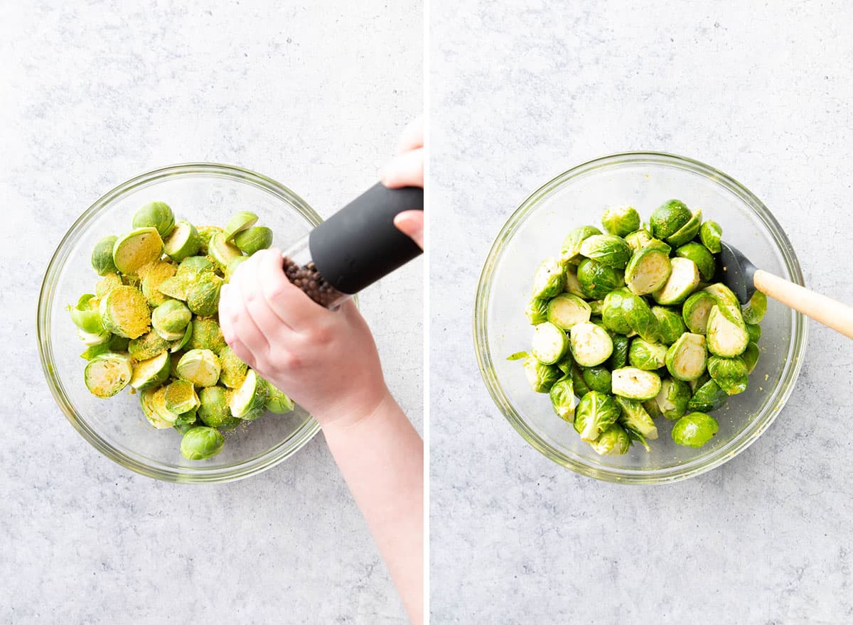 Two photos showing how to make vegan brussels sprouts recipe – adding seasonings and oil then coating