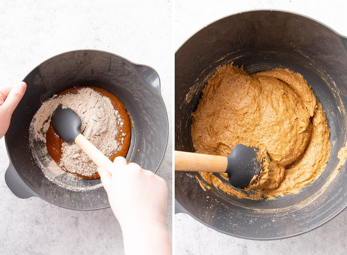 Two photos showing How to Make Gluten Free Pumpkin Cookies – folding wet and dry ingredients together
